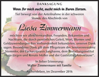 Traueranzeige von Liesa Zimmermann von Super Sonntag Aschersleben