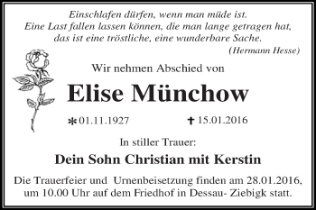 Traueranzeige von Elise Münchow von WVG - Wochenspiegel Dessau / Köthen