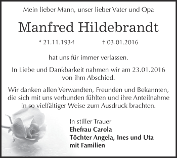 Traueranzeige von Manfred Hildebrandt von WVG - Wochenspiegel Dessau / Köthen