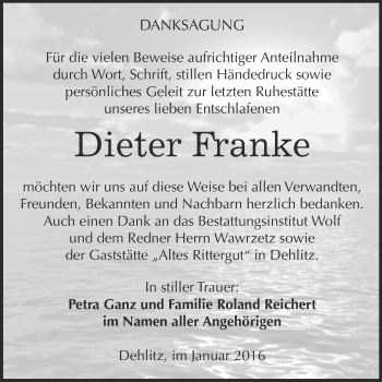 Traueranzeige von Dieter Franke von WVG - Wochenspiegel NMB / WSF / ZTZ