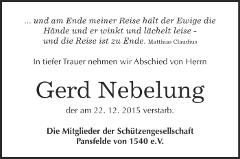 Traueranzeige von Gerd Nebelung von Super Sonntag Quedlinburg