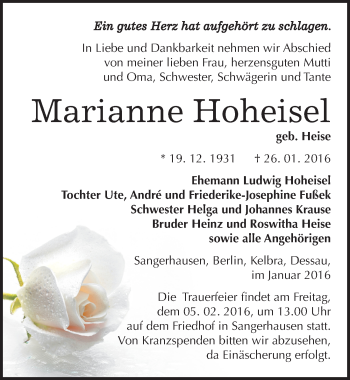 Traueranzeige von Marianne Hoheisel von Mitteldeutsche Zeitung Sangerhausen