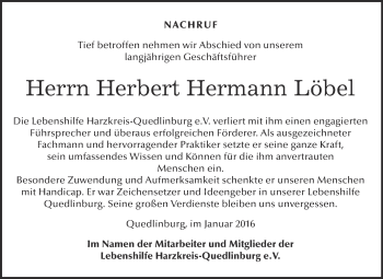 Traueranzeige von Herbert Hermann Löbel von Super Sonntag Quedlinburg
