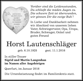 Traueranzeige von Horst Lautenschläger von Mitteldeutsche Zeitung Merseburg/Querfurt