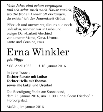 Traueranzeige von Erna Winkler von Mitteldeutsche Zeitung Merseburg/Querfurt