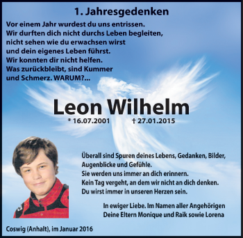 Traueranzeige von Leon Wilhelm von Mitteldeutsche Zeitung Wittenberg