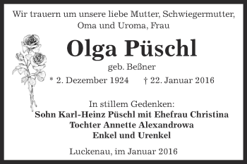 Traueranzeige von Olga Püschl von Super Sonntag Zeitz