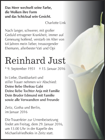 Traueranzeige von Reinhard Just von Super Sonntag Zeitz