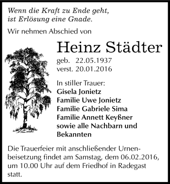 Traueranzeige von Heinz Städter von Mitteldeutsche Zeitung Köthen
