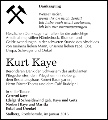 Traueranzeige von Kurt Kaye von Super Sonntag SGH Mansf. Land