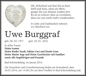 Traueranzeige von Uwe Burggraf von WVG - Wochenspiegel Wittenberg