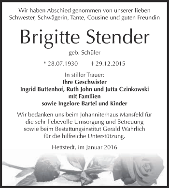 Traueranzeige von Brigitte Stender von Super Sonntag SGH Mansf. Land