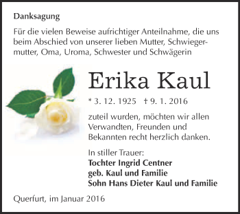 Traueranzeige von Erika Kaul von WVG - Wochenspiegel Merseburg