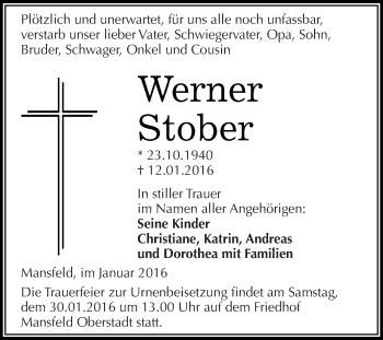 Traueranzeige von Werner Stober von Wochenspiegel Mansfelder Land