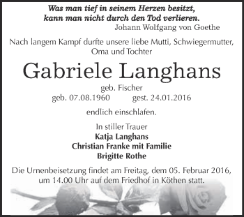 Traueranzeige von Gabriele Langhans von WVG - Wochenspiegel Dessau / Köthen
