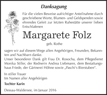 Traueranzeige von Margarete Folz von WVG - Wochenspiegel Dessau / Köthen