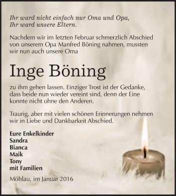 Traueranzeige von Inge Böning von WVG - Wochenspiegel Wittenberg