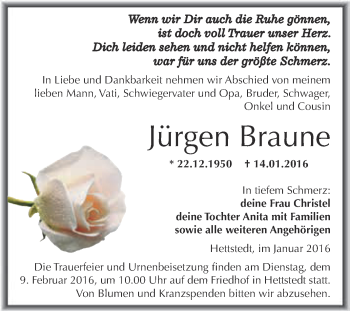 Traueranzeige von Jürgen Braune von Wochenspiegel Mansfelder Land