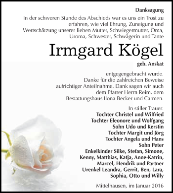 Traueranzeige von Irmgard Kögel von Super Sonntag SGH Mansf. Land