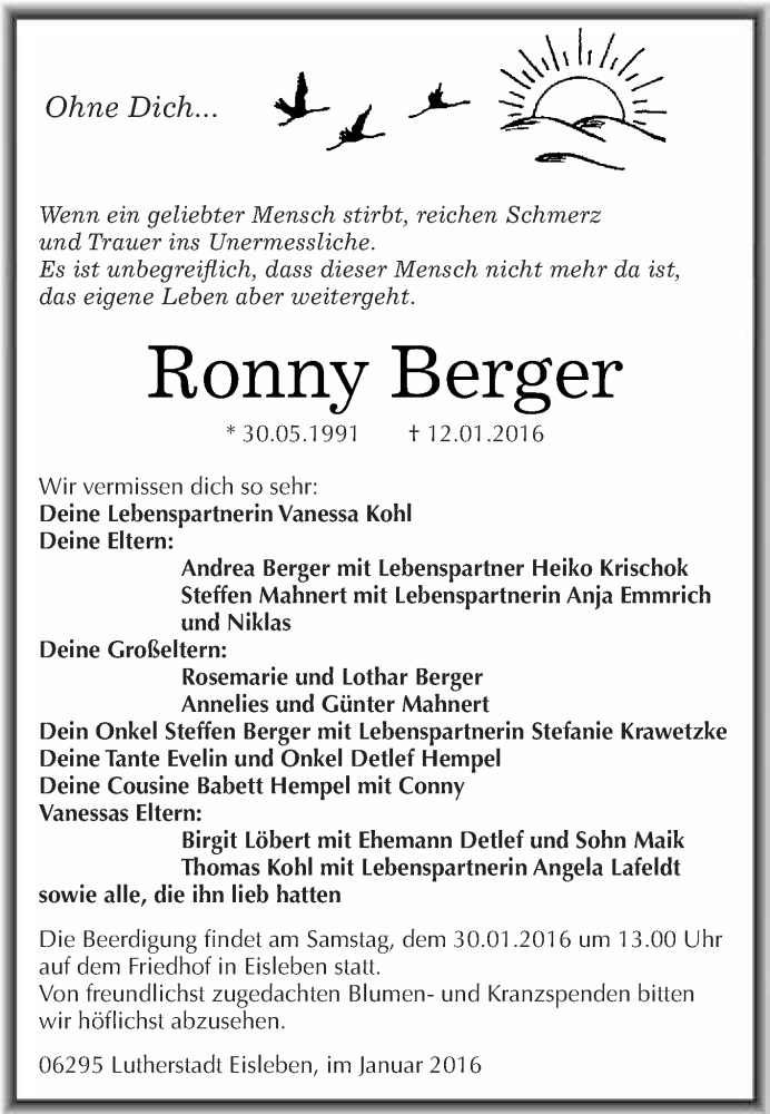  Traueranzeige für Ronny Berger vom 23.01.2016 aus Super Sonntag SGH Mansf. Land