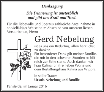 Traueranzeige von Gerd Nebelung von Wochenspiegel Mansfelder Land