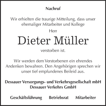 Traueranzeige von Dieter Müller von Super Sonntag Dessau / Köthen