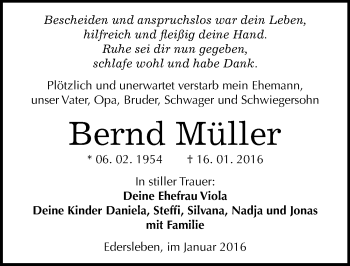 Traueranzeige von Bernd Müller von Mitteldeutsche Zeitung Sangerhausen