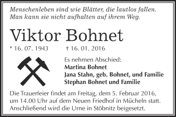 Traueranzeige von Viktor Bohnet von WVG - Wochenspiegel Merseburg