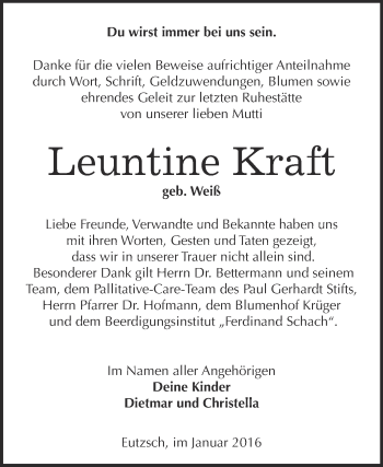 Traueranzeige von Leuntine Kraft von WVG - Wochenspiegel Wittenberg