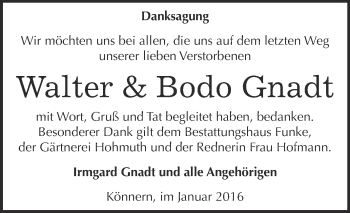 Traueranzeige von Walter und Bodo Gnadt von Super Sonntag Bernburg