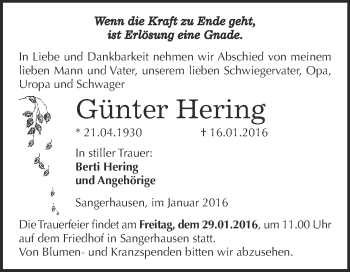 Traueranzeige von Günter Hering von Super Sonntag SGH Mansf. Land