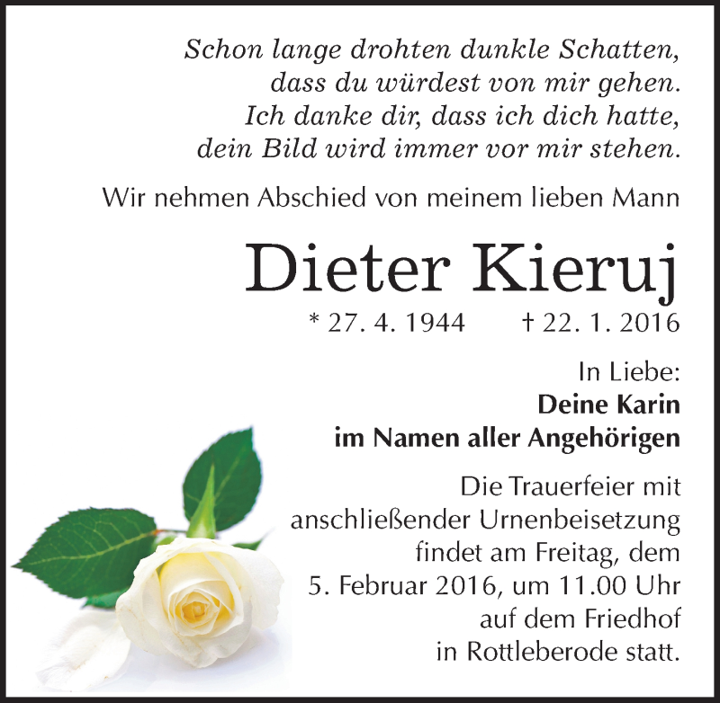  Traueranzeige für Dieter Kieruj vom 30.01.2016 aus Mitteldeutsche Zeitung Sangerhausen