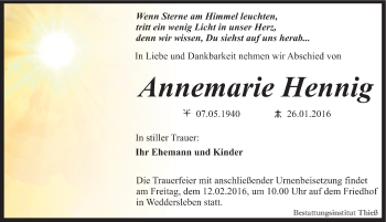 Traueranzeige von Annemarie Henning von Mitteldeutsche Zeitung Quedlinburg
