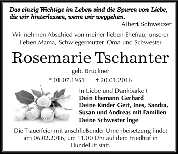 Traueranzeige von Rosemarie Tschanter von Mitteldeutsche Zeitung Wittenberg