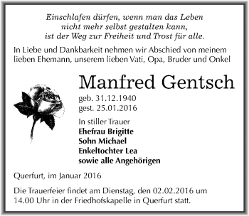 Traueranzeige von Manfred Gentsch von Mitteldeutsche Zeitung Merseburg/Querfurt