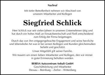 Traueranzeige von Siegfried Schlick von Mitteldeutsche Zeitung