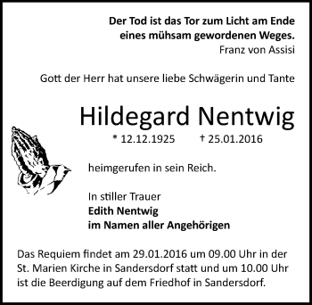Traueranzeige von Hildegard Nentwig von Mitteldeutsche Zeitung Bitterfeld