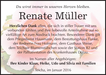 Traueranzeige von Renate Müller von Mitteldeutsche Zeitung Halle/Saalkreis