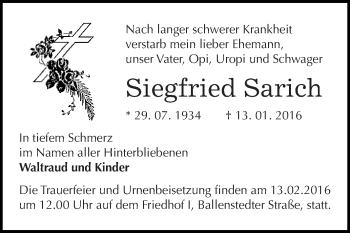 Traueranzeige von Siegfried Sarich von WVG - Wochenspiegel Dessau / Köthen