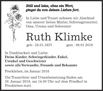 Traueranzeige von Ruth Klimke von Super Sonntag Aschersleben