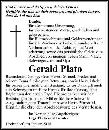 Traueranzeige von Gerald Plato von Mitteldeutsche Zeitung Aschersleben