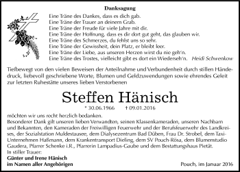 Traueranzeige von Steffen Hänisch von Mitteldeutsche Zeitung Bitterfeld