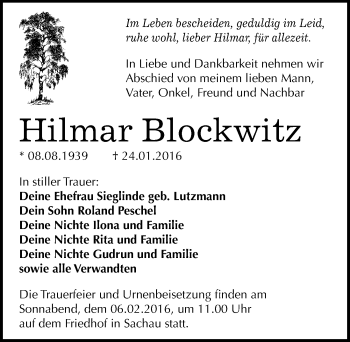 Traueranzeige von Hilmar Blockwitz von Mitteldeutsche Zeitung Wittenberg