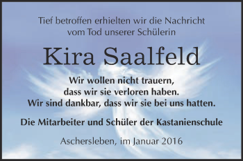 Traueranzeige von Kira Saalfeld von WVG - Wochenspiegel Aschersleben