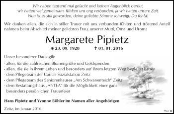 Traueranzeige von Margarete Pipietz von Super Sonntag Zeitz