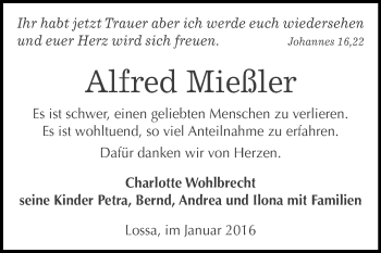 Traueranzeige von Alfred Mießler von WVG - Wochenspiegel NMB / WSF / ZTZ