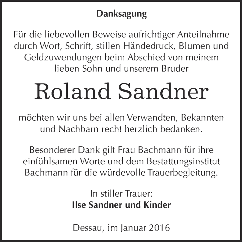  Traueranzeige für Roland Sandner vom 23.01.2016 aus WVG - Wochenspiegel Dessau / Köthen