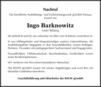 Traueranzeige von Ingo Barknowitz von Mitteldeutsche Zeitung Dessau-Roßlau