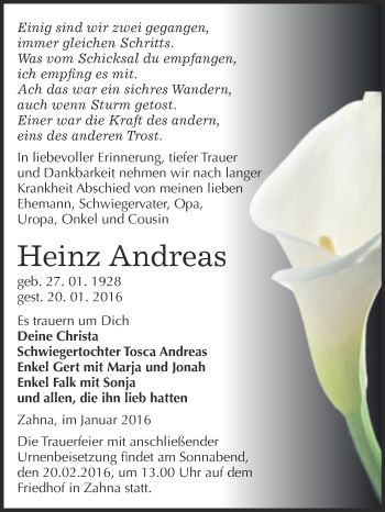 Traueranzeige von Heinz Andreas von Super Sonntag Wittenberg