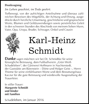 Traueranzeige von Karl-Heinz Schmidt von WVG - Wochenspiegel Quedlinburg
